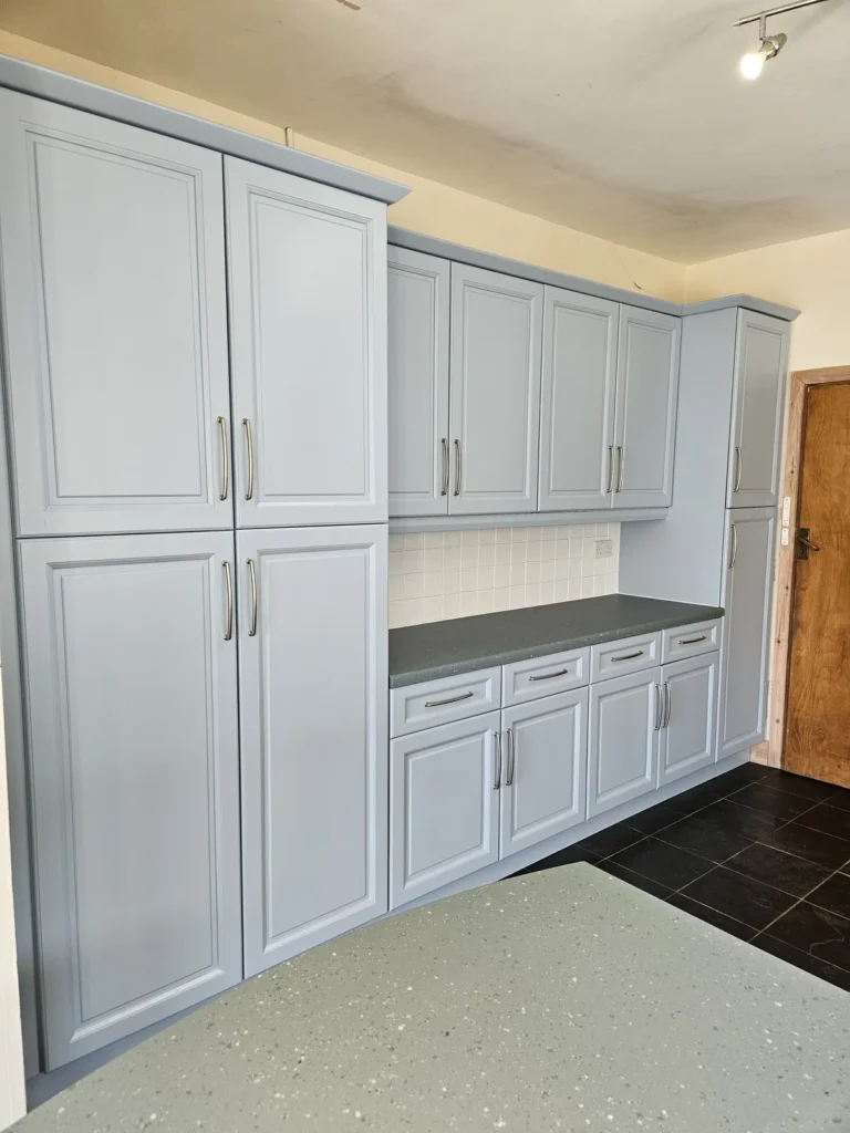 After kitchen respray Cottingham – light grey satin finish on tall kitchen units by Spray Specialists
