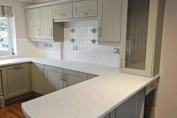 After kitchen respray Louth – professional white satin finish on cabinets and worktops by Spray Specialists
